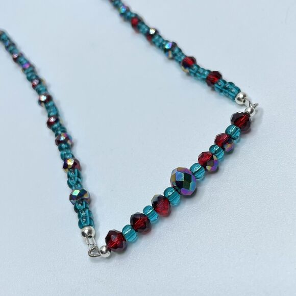 Stunning Red AB Crystal Teal Blue Glass Seed Bead Bar Necklace Earrings Set - Picture 5 of 9